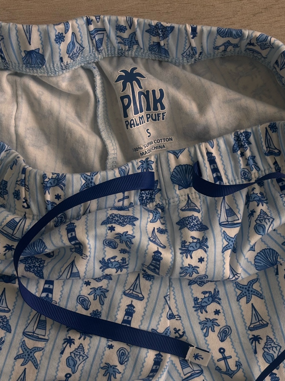 Pink palm puff blue Women's Two-Piece Pajama Set - Picture 3 of 3